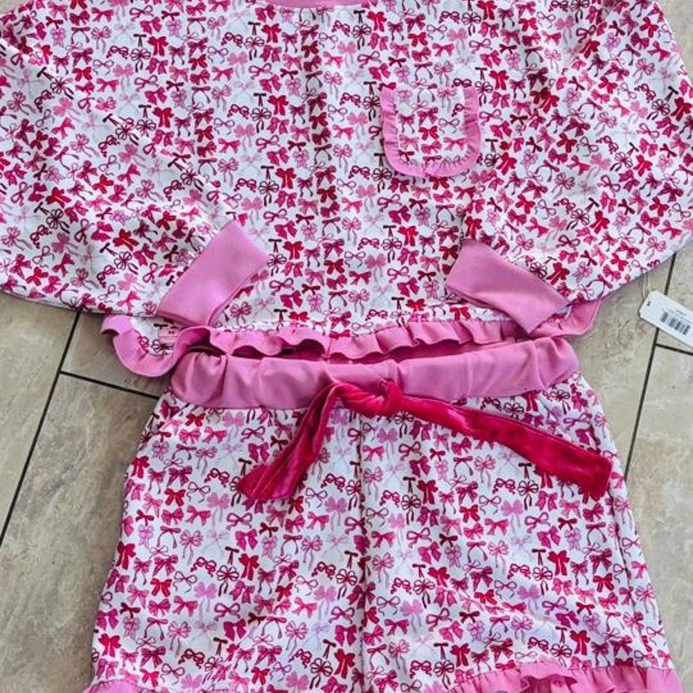 Simply Southern Pink White Bow Print Ruffle Pajama Lounge Set Women Large NEW - Picture 2 of 7